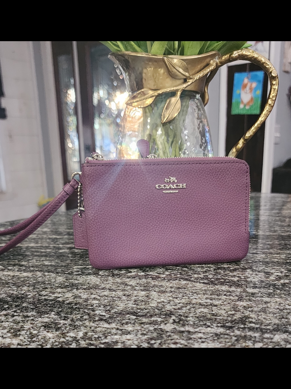 COACH Double Zip Purple Pebbled Leather Wristlet- 6×4